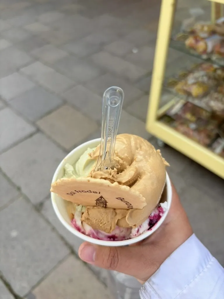 插着香脆威化饼干的双拼风味意式冰淇淋杯